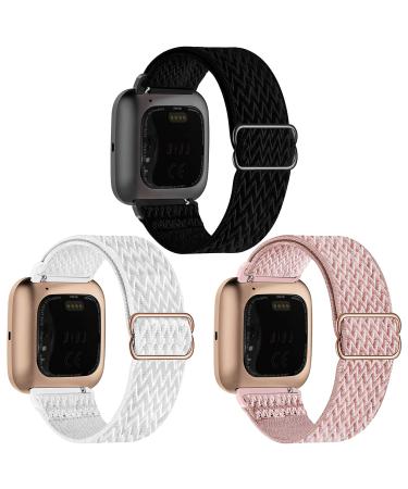 GBPOOT 3 Pack Elastic Watch Bands Compatible with Fitbit Versa/Versa 2/Versa Lite/Versa SE,Adjustable Nylon Stretchy Sport Wristband for Versa Smart Watch Women Men,Black/Storm Gray/Army Green For Versa 2/Lite/SE Black/Ros…