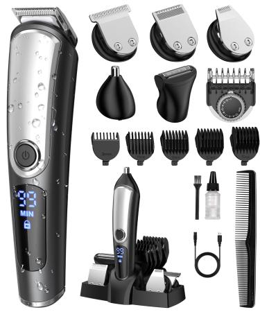 Beard Trimmer for Men Electric Razor Shavers for Men Face Cordless Rechargeable Waterproof Mens Grooming Kit Mustache Nose Body Hair Trimmer Clipper LED Display Gifts for Men Fathers Boys Black