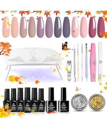 Beetles Gel Nail Polish Kit with U V Light Starter Kit Fall Gel Polish Soak Off Nude Gray Purple Mauve Light Pink Gel Polish LED Nail Lamp Base Gel Top Coat DIY Home Gift for Her 0-6 Colors-Lover in Purple