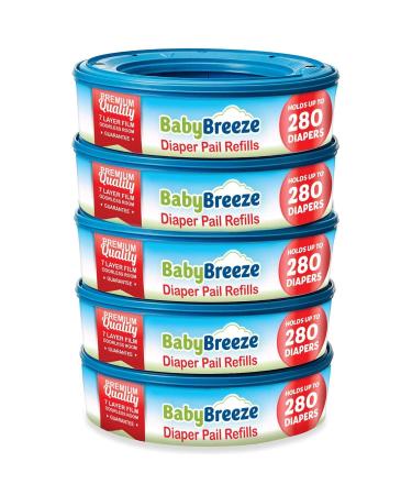 BabyBreeze Diaper Pail Refill Bags Compatible with Playtex Diaper Genie Pails Odor Absorbing Diaper Disposal Trash Bags - 1400 Count (5-Pack) 280 Count (Pack of 5)
