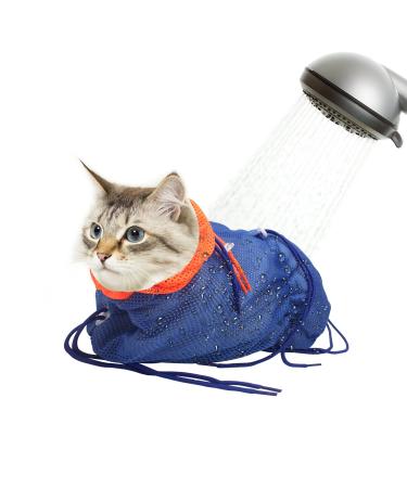 Catcan Cat Bathing Bag, Breathable Mesh Cat Shower Bag Anti Scratch Adjustable Cat Grooming Bag for Nail Trimming, Bathing Polyester Soft Cat Washing Bag Blue-Orange