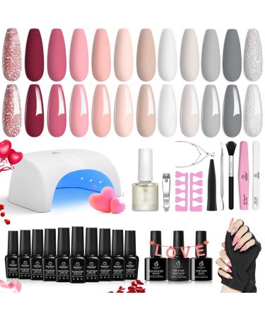 Beetles Gel Nail Polish Kit with U V Light Base Top Coat 12 Colors Kiss of the Rose Nude Pink White Grey Holiday Gel Polish Starter Kit Valentine's Day Gift for Women Soak off Gel Polish DIY Home A-Kiss of the Rose