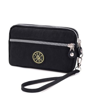 3 Layers Zipper Wallet Purse Waterproof Nylon Handbag Cellphone Bag Storage Pouch Case with Wrist Strap for Apple iPhone Samsung/Key Money MP3 Card Under 6'' Black