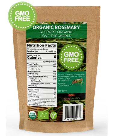 Huggiberries Organic Rosemary Leaves-Spice 3.5 OZ (100g) - Pure High Aromatic Flavor for Meat, Vegetables & Soup | USDA Approved, GMO & Gluten Free, Raw Vegan - Immunity Boosting & Wellness Support - Buy Online on SooperMarket.com