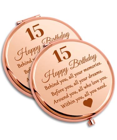 2 Pieces 15 Year Old Gifts for Girls Compact Makeup Mirror 2 Pack Inspirational Birthday Gift for Daughter Fifteen Birthday Gift for Sister Happy 15th Birthday Gift for Niece Cousin Bff Compact Mirror