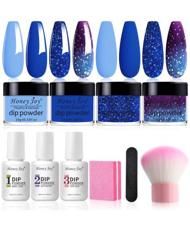 Honey Joy Dip Powder Nail Kit Starter 4 Colors Navy Blue Sky Blue Purple Glitter Dipping Powder Liquid Set with Base Top Coat for Nail Art Manicure Salon DIY No LED Nail Lamp Needed Dip-7pcs-04