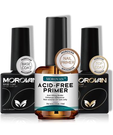 Morovan Nail Primer with Gel Top Coat and Base Coat Set - Base and Top Coat Gel Nail Polish Set with Acid-Free Nail Primer Long-Lasting Gel Base and Top Coat Component Health