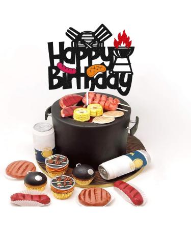 Barbecue Cake Topper for BBQ Sausage Roti Grill Cooking Theme Happy Birthday Cake Decorations Kids Boy Girl Bday Party Handmade Double Side Glitter Black Supplies Decor - Buy Online on SooperMarket.com