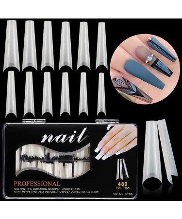 Kalolary false nail tips 480pcs xxl natural color extra long nail tips Half cover of French false nail acrylic fake nail tips with clear box nail art extension tool