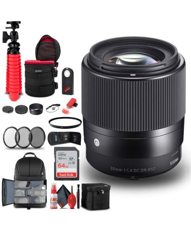 Sigma 30mm f/1.4 DC DN Contemporary Lens for Sony E (302965) Bundle + Backpack + 64GB Card + Card Reader + 3 Piece Filter Kit + Cleaning Set + Flex Tripod + Memory Wallet + IR Remote + Cap Keeper