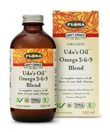 Flora - Udo s Oil Omega 3+6+9 Blend 100% Sustainable Plant-Based Balanced 2:1 Ratio of Omega-3 & Omega-6 Non-GMO + Organic + Vegan + Keto-Friendly 250 mL Liquid Glass Bottle