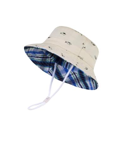 LANGZHEN Beach Sun Protection Hat for Baby Girls Adjustable Toddler Kids Hat Wide Brim Summer Play Hat with Chin Strap Beige - Fish 1-2 Years
