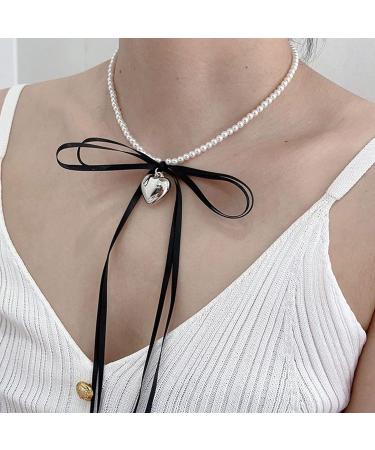 Oralgos Fashionable Heart Necklace with Loop | Adjustable Collarbone Chain | Imitation Pearls & Choker for Everyday Use Black - Buy Online on SooperMarket.com