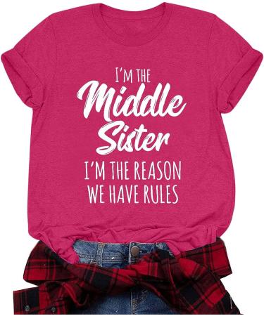 TUNUSKAT Middle Sister T-Shirt - Funny Letter Print Cotton Blouse in Hot Pink | Women's Casual Short Sleeve Top - Buy Online on SooperMarket.com