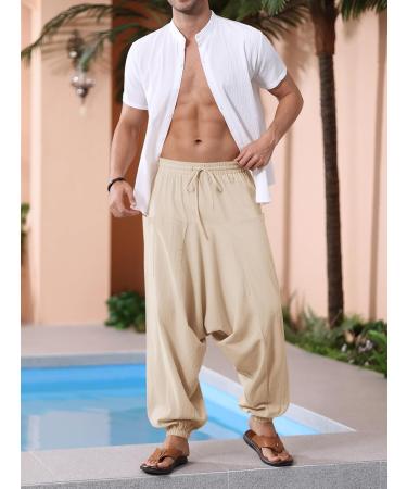 Runcati Men's Cotton Harem Pants - Baggy Hippie Casual Linen Yoga Pants for Beach - Low Crotch Trousers in Brown M - Buy Online on SooperMarket.com