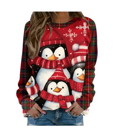Women's Christmas Sweatshirts Cute Snowman Penguin Print O-Neck Raglan Top Shirt Pullover Comfy Warm Xmas Jumper Winter Long Sleeve Tops Loose Tunic Top Sweaters Wine L