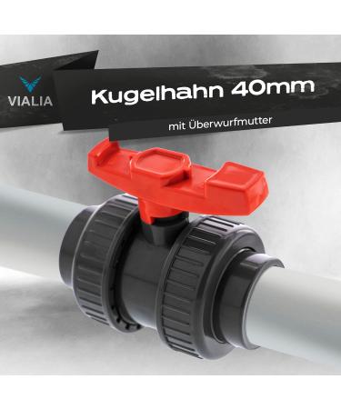 VIALIA 40mm PVC Ball Tap - Double Union Shut-Off Valve for Pool & Pond Construction | Ideal for Aquaristics & PVC Pipe Connections - Buy Online on SooperMarket.com