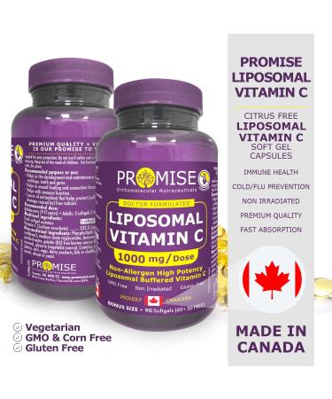 Promise Liposomal Vitamin C 1000 mg - 90 Soft Gels - Superior Immunity Support & Collagen Production - Enhances Skin Muscle & Joint Health - Canadian-Made for Antioxidant Protection & Radicals Defense - Buy Online on SooperMarket.com