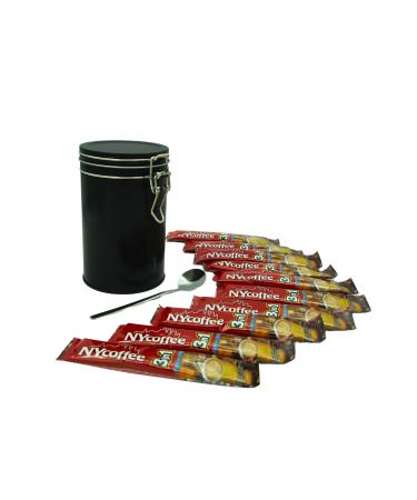 NY 3-in-1 White Coffee Sachets Individually Wrapped with Sugar 10 x 14g Bundle with Black Refillable Cannister and Latte Spoon Set for Home Desk or Travel