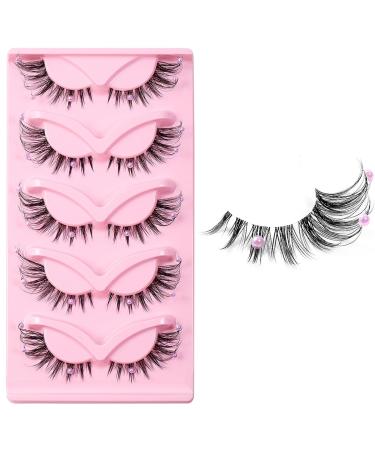 HERBENJOY Fluffy False Lashes Fake Eyelashes 5 Pairs Lash Extension with Small Pearl Decoration Cat Eye False Eyelashes 3D Faux Eyelashes for Costume Party Stage Performance Festival Celebrations