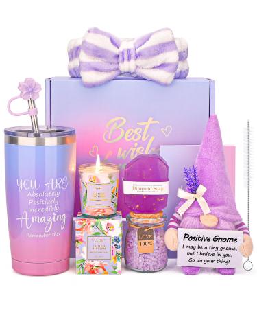 Birthday Gifts for Women Relaxing Spa Bath Gifts Basket Set for Women with Gnome Gifts for Women Mom Girlfriend Her Sister Friend Coworker Self Care Gifts for Women Christmas Purple