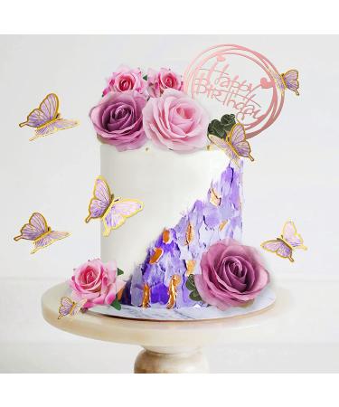 19 PCS Flower Cake Toppers | Butterfly Cake Decorations | Happy Birthday Toppers with Artificial Roses and Eucalyptus | Wedding Baby Shower Supplies (Purple) - Buy Online on SooperMarket.com