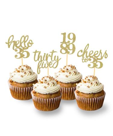 24Pcs Glitter 35th Birthday Cupcake Toppers Hello 35th Birthday Cake Topper- 35th Birthday Decorations for Celebrating Thirty-Five Years Old Birthday Party (Gold)