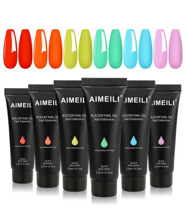AIMEILI Poly Nail Gel Set 6 Colours 15ml Neon Nail Extension Gel Set Acrylic Gel Builder Nail Gel Kit UV LED Nail Enhancement Gel Nails Manicure for Women Kit7 007