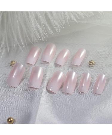 Medium Long Square Pink White Gradient Press on Nails | Full Cover Fake Nails for DIY Manicure | Christmas Nail Art Tips - Buy Online on SooperMarket.com
