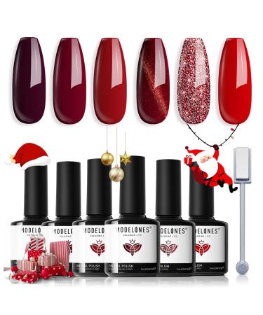 Modelones Red Gel Nail Polish Set 6 Colors Wine Red Glitter Gel Polish Set Cat Eye Nail Polish Gel Classic Popular Sparkle Bloody Red Soak Off LED Gel Nail Kit Holiday Manicure Nail Art Gift DIY Home LAST CHRISTMAS 7 ml (Pack of 1)