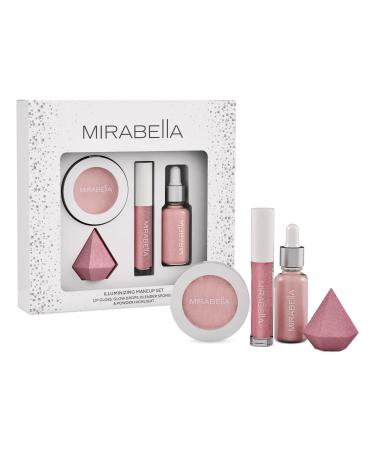 Mirabella 4-Piece Makeup Set for Women & Girls Illuminizing Holiday Gift Set - Make-Up Set Includes Lip Gloss Glow Drops Powder Highlight & Blender Sponge - Talc-Free & Paraben Free Cosmetic Set