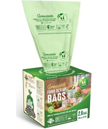 UNNI 100 Compostable Bags 2.6 Gallon 9.84 Liter 100 Count Extra Thick 0.71 Mil Samll Kitchen Food Scrap Waste Bags ASTM D6400 US BPI and Europe OK Compost Home Certified San Francisco