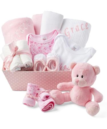 Baby Box Shop Personalised Baby Gift Set - 12 Essentials + 3 Personalised Gifts for Newborn Baby Girl - Pink Hamper Basket - Buy Online on SooperMarket.com
