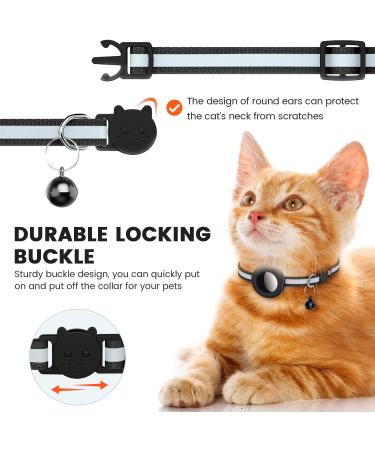 Reflective Airtag Cat Neck Band | Integrated Holder & Bell | Safety Buckle for Kittens & Puppies - Black - Buy Online on SooperMarket.com