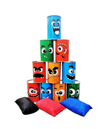 TUAHOO Indoor Outdoor Games for Adults and Kids Bowling Set Yard Games Family Games Bean Bag Toss Tin Can Alley Game - 10 Tin Cans and 3 Beanbags