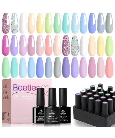 Beetles Gel Nail Polish - 20 Pcs Pastel Paradise Soak Off Nude Gray Pink Blue Glitter Gel Polish Starter Kit with Glossy Matte Top Base Gel Coat Manicure Kit A1-Pastel Paradise