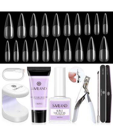 Saviland Gel x Nail Kit - 500pcs Nails Full Cover Medium Stiletto Nail Tip and U V LED Nail Lamp with 30ml Solid Nail Glue Gel Nail Tips and Glue Gel Kit Gel Nail Art DIY Manicure  Valentines Gifts