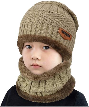 Aisprts Kids Winter Beanie Hat and Scarf Set - Knitted Thermal Fleece Lining - Khaki - Buy Online on SooperMarket.com