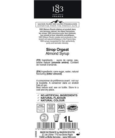 1883 Maison Routin Premium Almond Syrup - 1L Glass Bottle for Coffee, Lattes, Hot Chocolate, Cocktails, and Desserts - Buy Online on SooperMarket.com