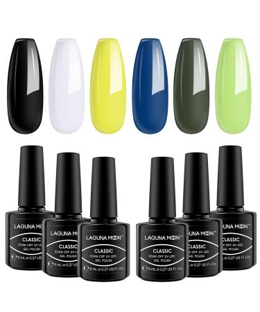 LagunaMoon Gel Nail Polish Set - 6 Colours Neon Yellow Blue Lime Green Black White High-Shine Kit Nail Gel Polish for Salon Quality DIY Nails - UV LED Soak Off Lacquer Kit Varnish Manicure & Pedicure Greener Pastures | Salon-Grade Polish
