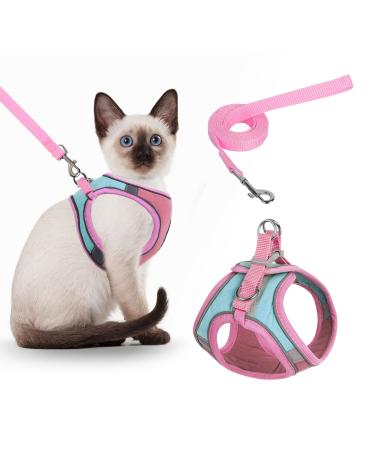 NiCoLa Escape-Proof Cat Harness with Reflective Strip Anti-Cat Harness and Lead Set Adjustable Soft Cat Harness for Medium Small Cats (Pink&Green S) Small Pink Green
