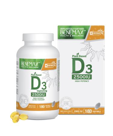 Benemax Vitamin D3 2500 IU For Healthy Bones Teeth and Helps Prevent Vitamin D Deficiency Plant Based & Vegan 180 Day Supply