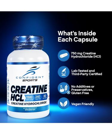 CONFIDENT SPORTS Creatine Supplement Capsules - 100% Pure Creatine HCL - Boosts Power Strength Muscle Mass Muscle Recovery Supplement - Pharmaceutical Grade Creatine Pills - 120 Count - 60 Servings 1 count (Pack of 1) - Buy Online on SooperMarket.com