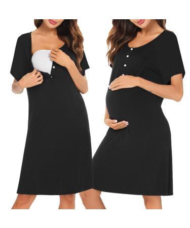 Irdcomps Women's Maternity Nightdress Breastfeeding Nursing Short Sleeve Button Nightgown Pregnancy Loungwear Sleepwear Hospital Labor Gown 01-black XL