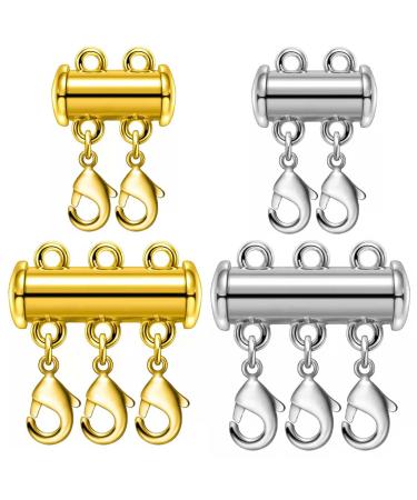 OHINGLT Necklace Layering Clasps Slide Lock Clasp Necklace Connector Multi Strands Slide Tube Clasps 4PCS Lobster Clasp Gold and Silver