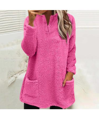 Soft Teddy Fleece Hooded Jumper | Plus Size Double Fleece Hoodie | V Neck Sweatshirt | Winter Lounge Top | Hot Pink M - Buy Online on SooperMarket.com