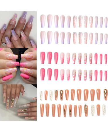 Press on Nails 3 Pack (72 PCS) Long Coffin Fake Nails Glue on Nails for Women Girls Teens with Glue Sticker and Nails File Full Cover Ballet False Nails Purple Pink Blue 001.Long Coffin
