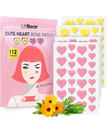 Pimple Patch Heart Shape LitBear Spot Patche Hydrocolloid Acne Patches for Face Zit Spot Sticker Acne Dots Tea Tree Oil + Salicylic Acid 112 Patches 14mm & 10mm (Pink & Yellow)