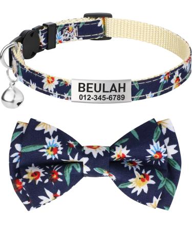 Tagme cats collars with names and telephone number kitten neck band with safety closure and bell flower navy blue 1 Pack flower navy blue