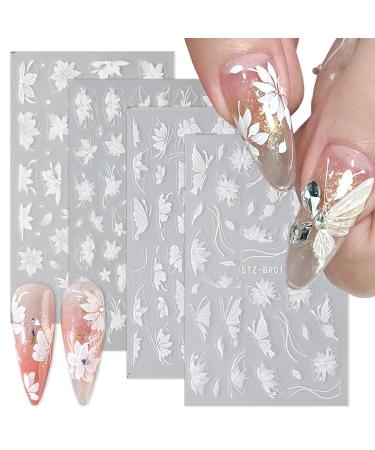 White Flowers Nail Art Stickers Decals 4 Sheets 5d Flowers Butterfly Self Adhesive Nail Design Stickers White Embossed Flowers Butterflies Floral Leaf Nail Decals for Women DIY Manicure Decoration White Flowers 2
